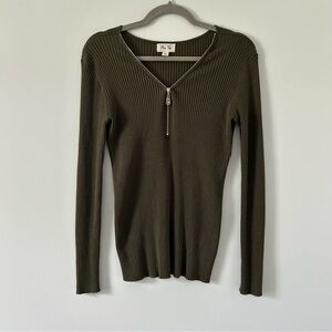 Per Se Olive Green Ribbed Knit Zip Front Fitted Long Sleeve Sweater NWOT L